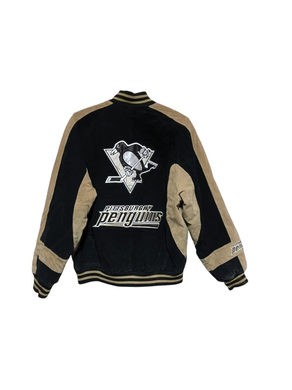VTG Pittsburgh Penguins Suede Bomber Jacket L Leather Distress G-III Carl Banks